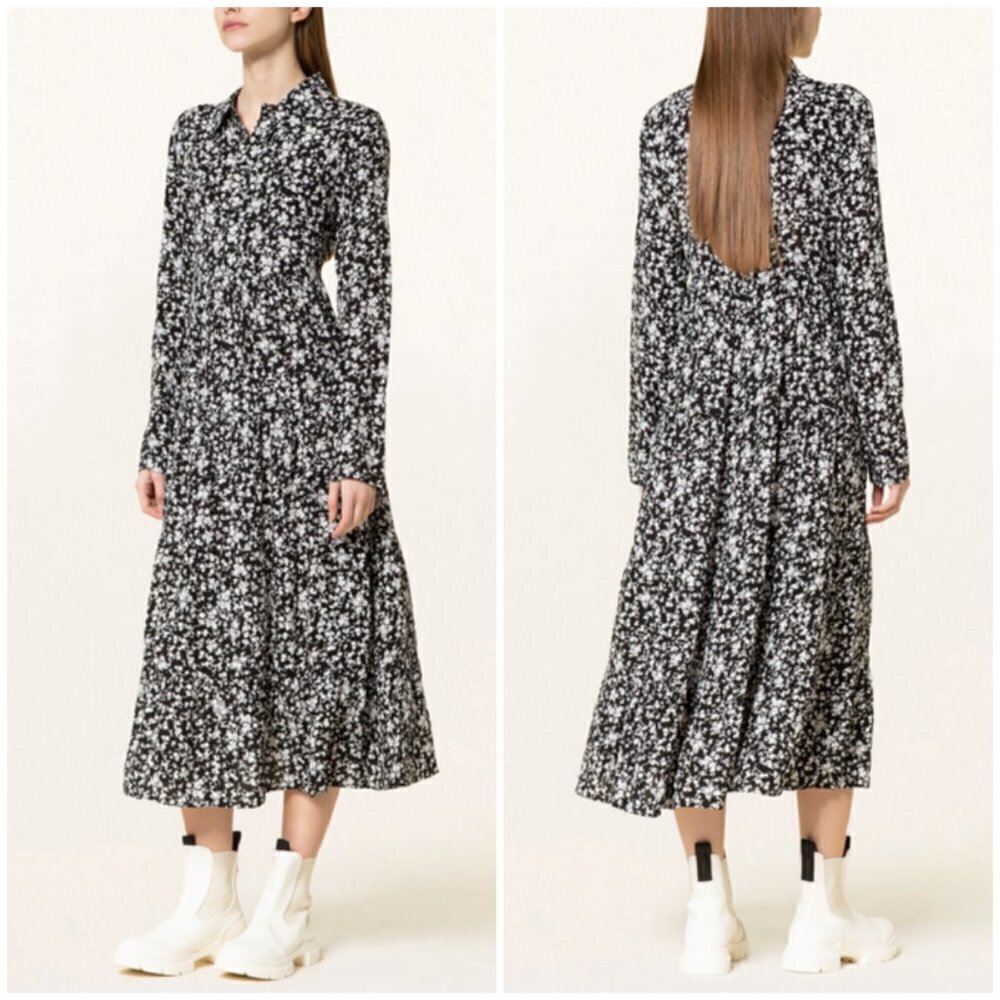 💕GANNI💕 Printed Crepe Layer Midi Dress ~ Viscose Black Floral Print 36 EU - Picture 3 of 16
